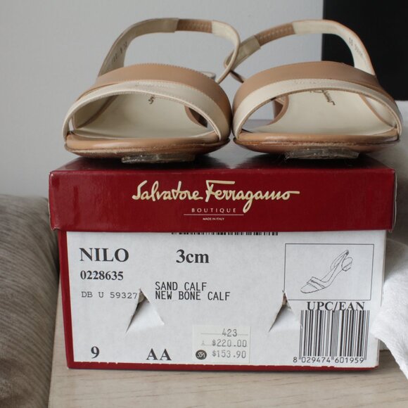 Salvatore Ferragamo Vintage Womens Narrow Fit 3cm Sand/Bone Calf NILO Slingback - Picture 2 of 6